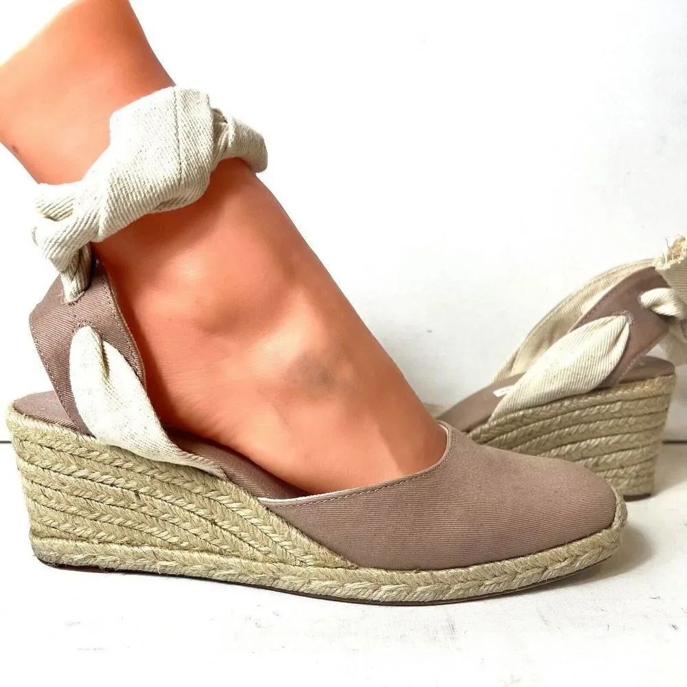 Zara Trafaluc Tan Dusty Rose Espadrille Tie Up Wedges Womens Sz EU 41 US 10-10.5
